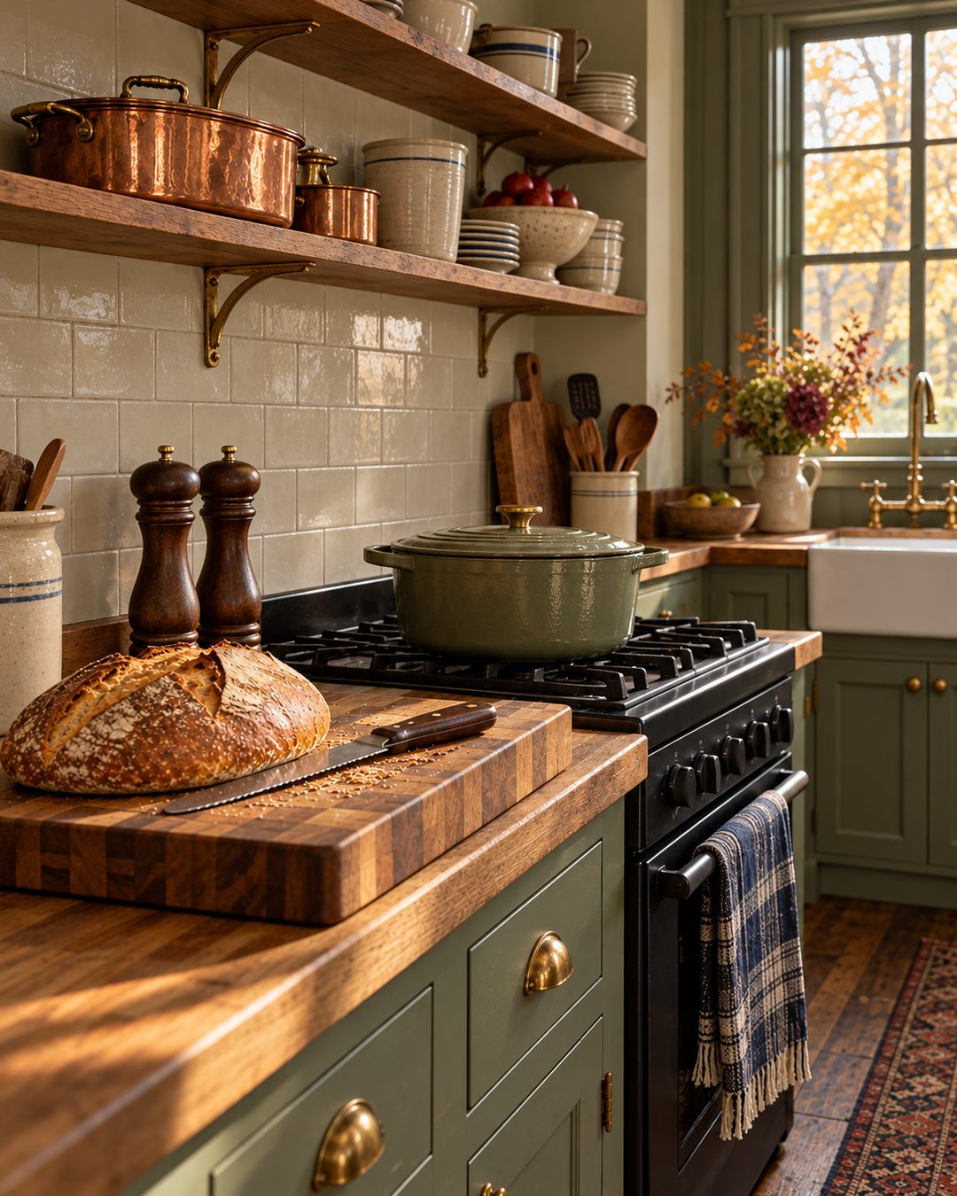 A lived-in farmhouse kitchen with sage-green cabinets, a green enameled Dutch oven on a black range, an end-grain butcher block with sourdough, tall wooden mills and copper pots on open shelves