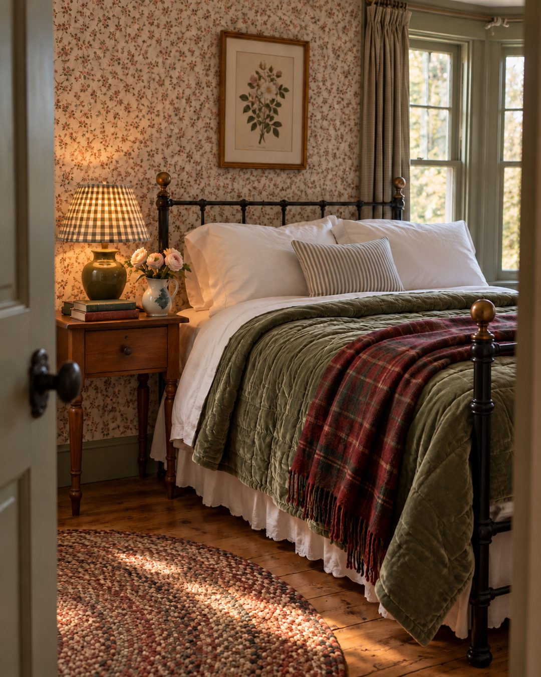 A cozy guest bedroom with a black iron bed with brass finials, a sage-green velvet quilt, a red plaid throw and a glowing gingham lamp