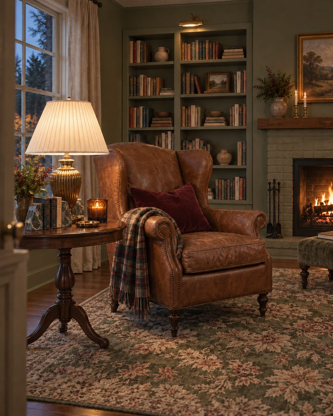 A sage-green home library at dusk with built-in bookshelves, a cognac leather wingback chair with a plaid throw, a floral rug, a ribbed brass lamp and a fire in the hearth