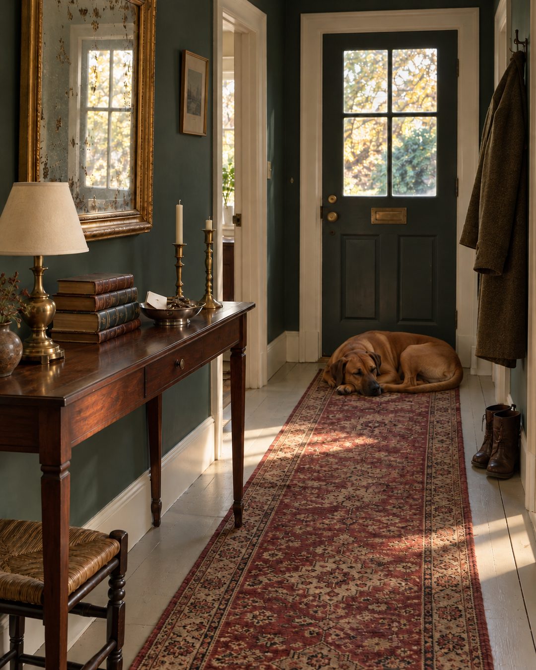 The front hall of an old house with deep green walls, a faded red runner, a mahogany hall table with brass candlesticks, a gilt mirror and a dog asleep by the door